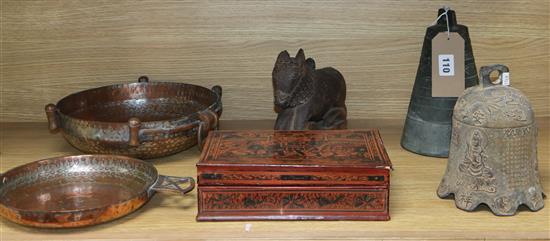 Mixed Asian artefacts including a wooden carving of a horse, copper dish, etc.